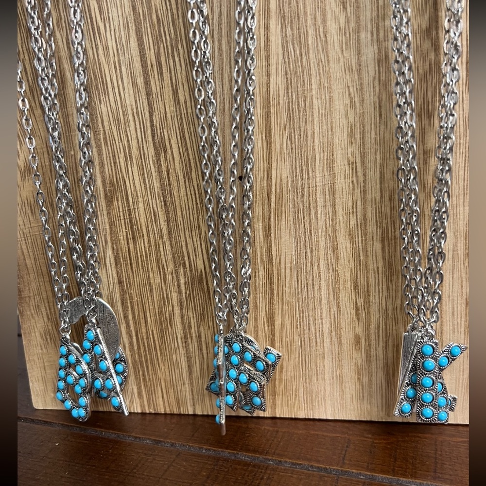 Alphabet Letter Name Initial Western Turquoise Faux Stone Silver Boho Necklace - Picture 3 of 11